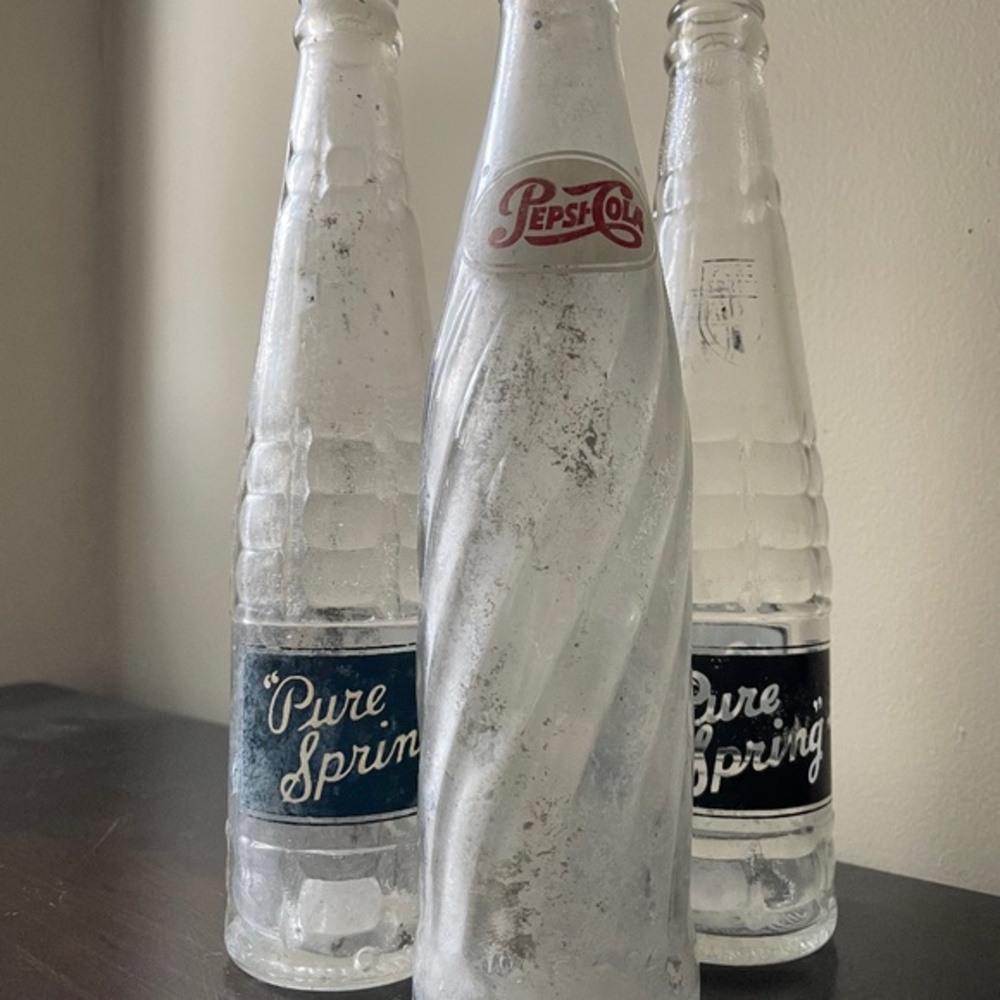 Set of 3 Antique Soda Pop Bottles Pepsi Cola Pure Spring Mid Century